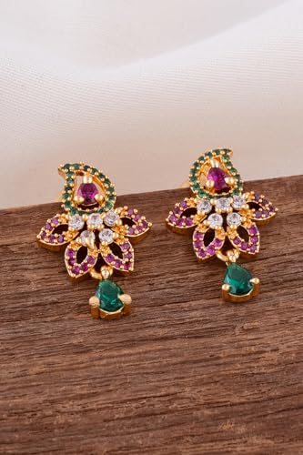 Image of Radha's Creations brass Ruby Emerald stud earrings one gram gold for women and girls one gram gold