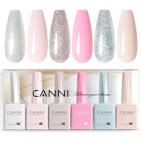 CANNI Vernis à Ongles Gel Semi Permanent 6 Couleur Lot UV Nail Polish Pailleté Rose Violet Bleu Gris Beige Semi-permanent Set Valentinstag für Maniküre...