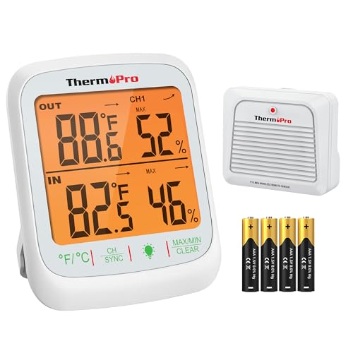 ThermoPro TP260B Indoor Outdoor Thermometer Wireless 1000ft/300m Range, Pro Accuracy Digital Hygrometer Humidity Meter with Remote Temperature Sensor, Inside Outside Thermometer for Home Patio Room