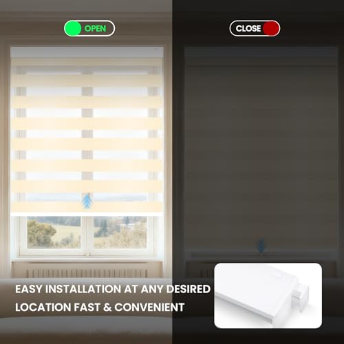 Image of No Drill Motorized Blinds with Remote,75% Blackout Electric Zebra Shades Light Filtering, Dual Layer Smart Automatic Zebra Blinds for Indoor Windows,Compatible with Alexa,Google,Beige,Custom Sizes