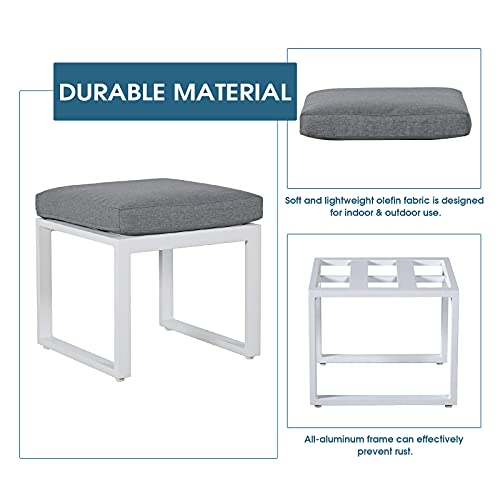 Soleil Jardin Outdoor Ottomans For Patio Set Of 2, Assembled Aluminum Outdoor Footstool With Grey Cushions, Small Seat Furniture For Garden Yard Deck Poolside, White Frame #TOP1
