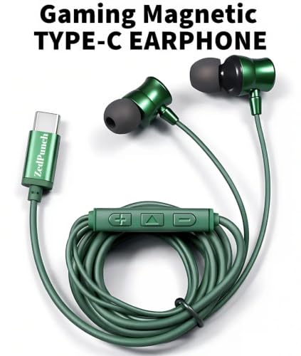 Image of Gaming Type-C Wired Earphone with Mic, 10mm Dynamic Bass Driver, Magnetic in-Ear Headphones, Low Latency Sound for Gaming, 1 Button Control, HD Calling, Voice Assistant, (Light Green)