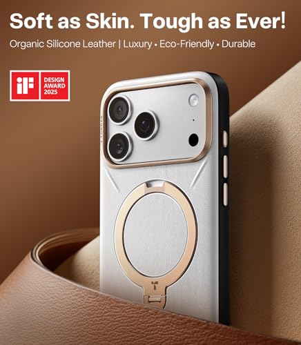 Image of TORRAS Q3 VegSkin for iPhone 17 Pro Max Case Leather, 360 Spin Magnetic Stand, Fit for MagSafe, Camera Control, Shockproof Premium Organic Silicone Leather Case for iPhone 17 Pro Max, Grayish White