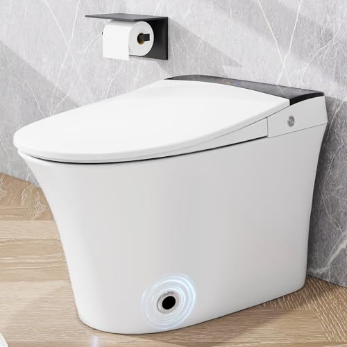 Inodoro inteligente de una pieza, asiento calefactado con sensor para pies, sin depósito ni bidé, luz nocturna azul, descarga en caso de apagón, tapa de cierre suave, blanco miniatura 1