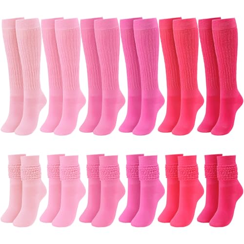6 Pairs Pink Slouch Socks for Women Knee High Tube Long Hosiery 80s 90s Hot Pink Neon Scrunch Breathable Socks for Summer Outdoor Sports Birthday Gifts for Mother Sister