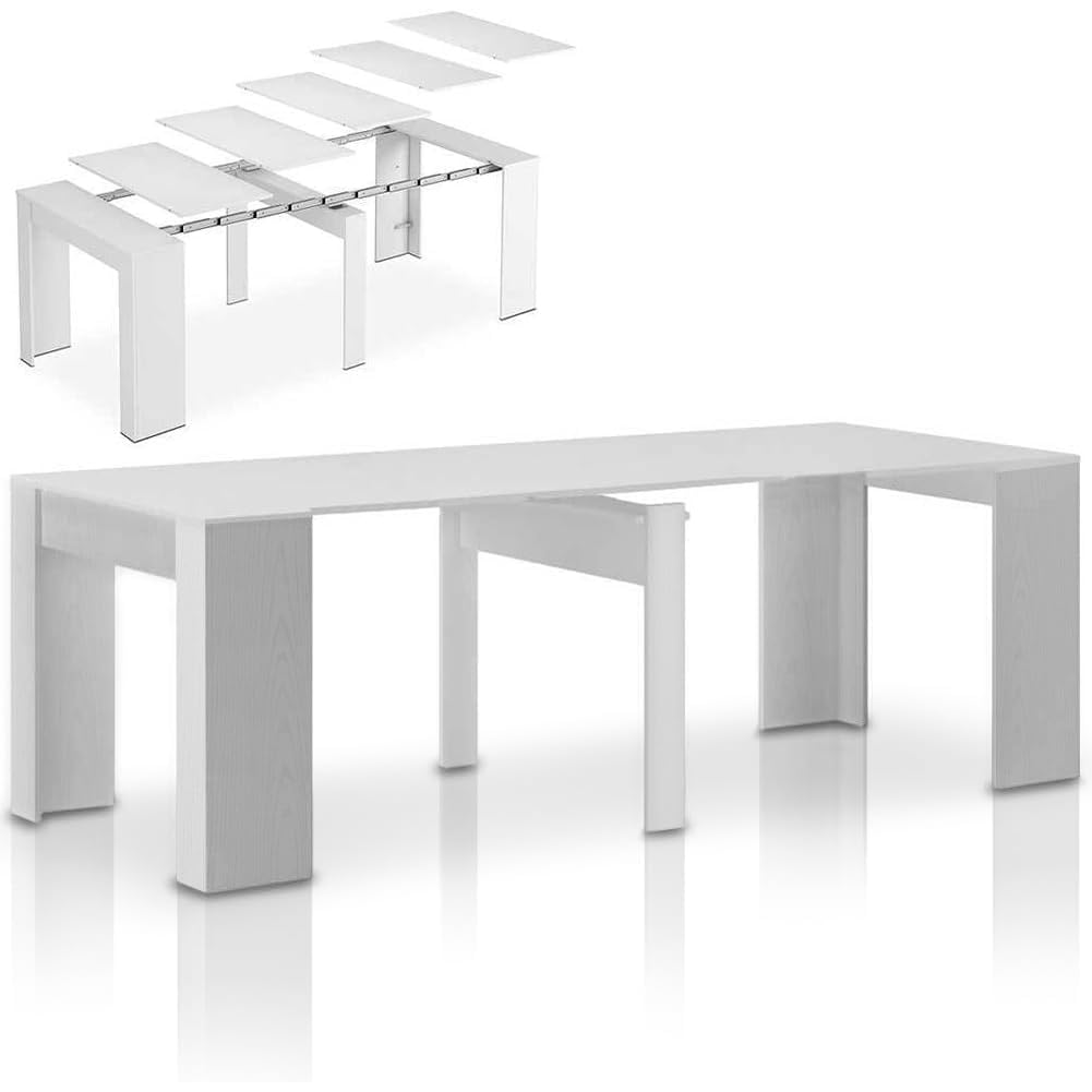 Shally Dogan Tavolo Allungabile per Cucina, Ingresso e Sala da Pranzo, Consolle Salvaspazio Richiudibile da 3 Metri con 5 Pannelli, Design Moderno ed Elegante, Apertura Semplice (Bianco Frassinato)