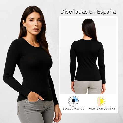 Valko Camiseta Termica Mujer Manga Larga – Camiseta Interior Suave y Elástica con Interior Afelpado – Ropa Termica Mujer Invierno (Vison, S)