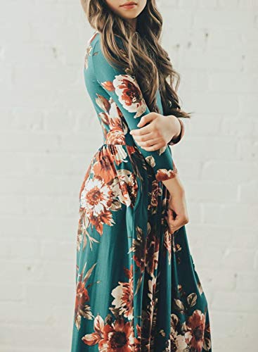 Mitilly Girls Flower 3/4 Sleeve Pleated Casual Swing Long Maxi Dress With Pockets 12 Years Teal #TOP2