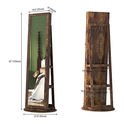 LVSOMT-360-Swivel-Jewelry-Cabinet-with-Full-Length-Mirror-Lockable-Jewelry-Organizer-Tall-Large-Freestanding-Mirror-Jewelry-Armoire-Mirror-with-Jewelry-Storage-Rear-Storage-ShelvesRetro-Brown