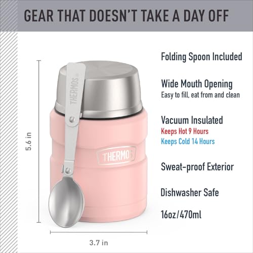 Image of THERMOS Stainless King Vacuum-Insulated Food Jar with Spoon, 16 Ounce, Matte Pink
