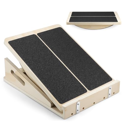 Qingning 2 en 1 Tabla de Equilibrio & Tabla Inclinada, Tabla Inclinada Ajustable Profesional, Tabla de Ejercicios de Madera Fitness para Estiramientos de Pantorrillas, Tobillos, Piernas y Sentadillas