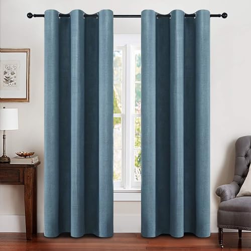 Image of MIULEE Linen Blackout Curtains and Drapes 100% Room Darken Thermal Insulated Grommet Window Panels with Coating 2 PCs W 42 x L 90 inches Dusty Blue