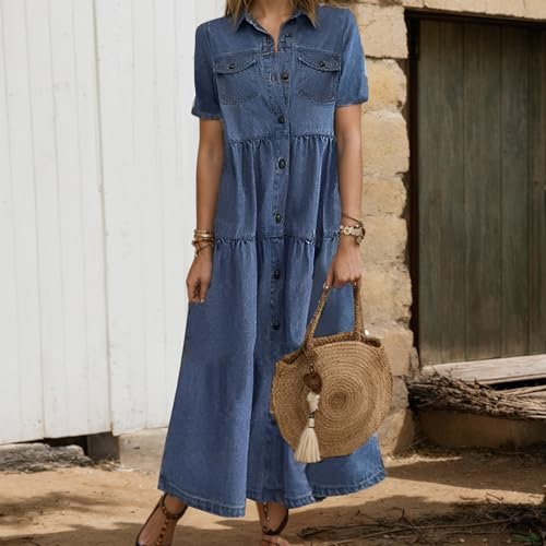 Womens Vintage Denim Button Down Short Sleeve Lapel Maxi Dress 2024 Spring Summer Loose Tiered Flowy Long Shirt Dress2