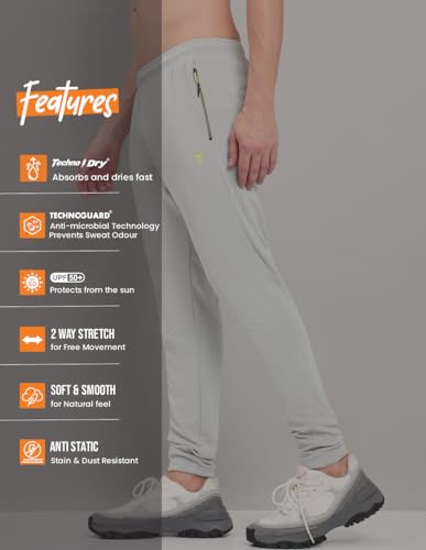 Image of TECHNOSPORT Mens Polyester Slim Fit Activewear Track Pant with SPF50+ for Running, Workout Wear Antimicrobial & Quick Dry