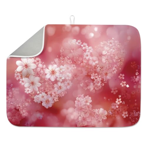 INFUNLY Pink Love Dish Drying Mat for Kitchen Romantic Hearts Dish Drainer Mats Absorbent Microfiber Flowers Dishes Drying Pad 18x24 Inches Washable for Countertop Coffee Bar Valentine's Day Decor