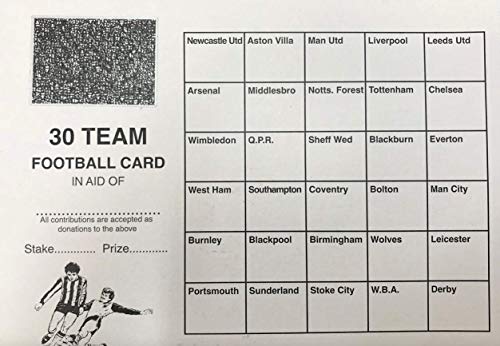 FOOTBALL SCRATCH CARDS 30 TEAMS PACK OF 100 FUNDRAISING SCRATCH CARDS