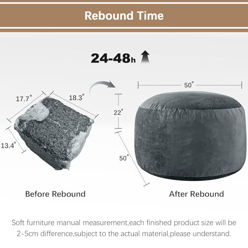 Image of Bean Bag Chairs for Adults - Memory Foam Furniture BeanBag Chair - Kids /Teens Sofa with Soft Micro Fiber Cover - Round Fluffy Couch for Living Room Bedroom College Dorm - 5 ft, Grey