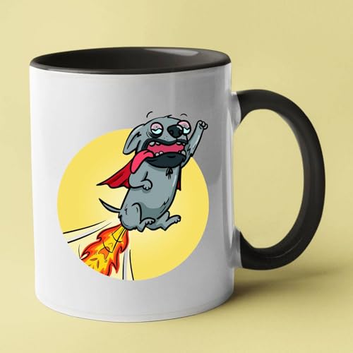 Taza Humorística con Perro Superhéroe, Blanco y Negro, Diseño Divertido