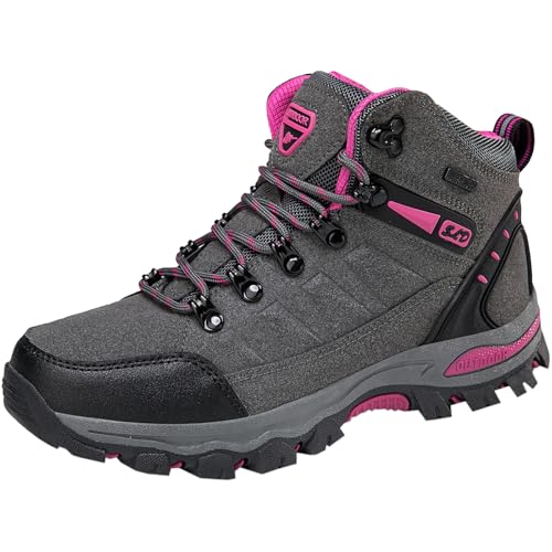 CuteFlats Women's Non-Slip Lace-Up Trainers/Outdoor High-Top Trekking Shoes,Walking Shoes, Grey Fuchsia, 10