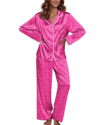 Image of Ekouaer Pajamas For Women Set Silk Pjs 2 Piece Satin Sleepwear Long Sleeve Button Down Lounge Sets With Pant