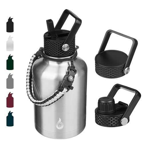 Image of BJPKPK Insulated Water Bottles with Straw Lid, 50oz Large Water Jug, Stainless Steel Vacuum Bottles, Hot & Cold Thermo with 3 Lids and Paracord Handle,Stainless Steel