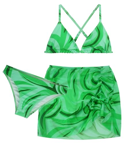Image of Girls 3 Piece Swimsuit Summer Hawaiian Bikini Set with Beach Cover Up Skirt Bathing Suit Swimwear 8-15 Years