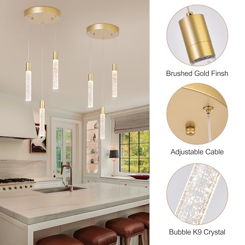 Image of 3 Light Pendant Lights,LED Bubble Crystal Pendants with Dimmable,Gold