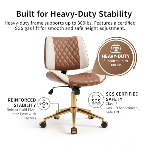 FervorFurn Armless Office Chair with Back, Mid Century Modern Walnut Style Desk Chair, No Arms Leather Computer Chair for Home Office, Vanity Chair, Seat-Rocking, Adjustable Height (Brown+Beige) - image 9