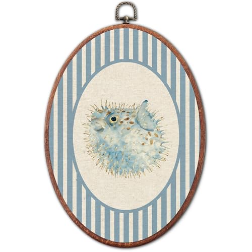 Vintage Porcupine Fish Oval Wall Art Framed, Nursery Framed Canvas