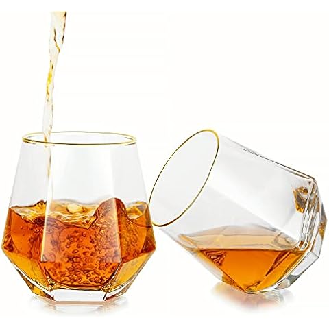 Diamond Whiskey Glasses Whisky Glass: Gold Rim Geometric Tilted Drinking Glasses Sets Stemless Water Glasses Cup Tumblers Old Fashion Elegant Modern Glass for Wine Cocktail Scotch Cognac Bourbon 10oz Cover