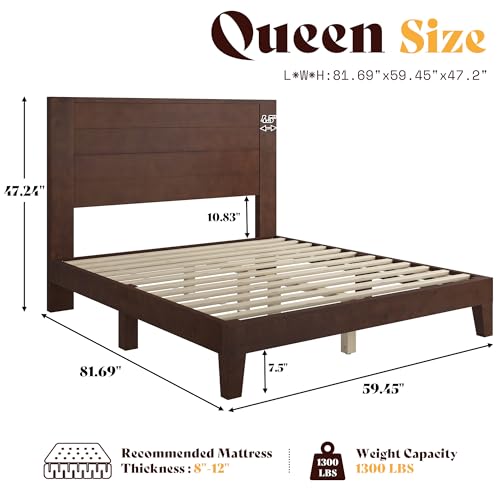 Image of AMERLIFE Queen Size Bed Frame with 48 inch Tall Headboard, Mid Century Modern Solid Wood Platform Bed with Silent Wood Slat System, No Box Spring Needed, Under-Bed Storage, Dark Walnut