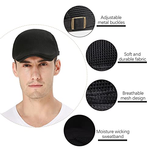 Outink Mesh Newsboy Hat For Men Summer Adjustable Ivy Gatsby Cabbie Driving Hunting Hat (4Pack-Black+Dark Grey+Navy+Khaki) #TOP2