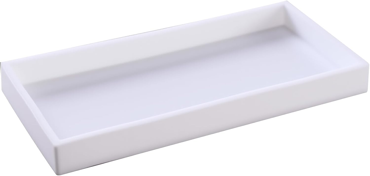 Bathroom Vanity Tray - 2PC (11.8 '' and 8'') Silicone Dresser Jewelry Ring Dish Tank Storage Kitchen Sink Countertop Tray Holder for Perfume Soap Towel Bathroom Trays, White