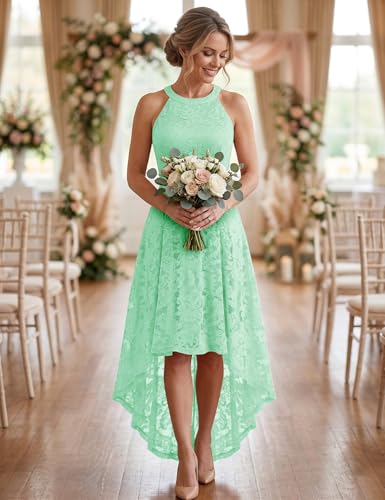 Image of Dressystar Women Halter Lace Wedding Guest Dress Hi-Lo Cocktail Party Bridesmaid Formal Dresses