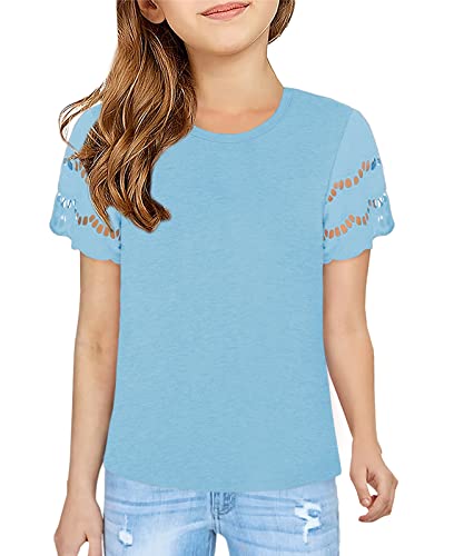Geckatte Kids Girls' T-Shirts Short Sleeve Crewneck Cutout Summer Casual Solid Basic Tee Shirts Tops 5-14 Years