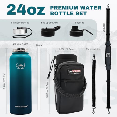 Image of NATURE PIONEOR 24 oz Insulated Water Bottle with Carrier Bag & 3 Lids