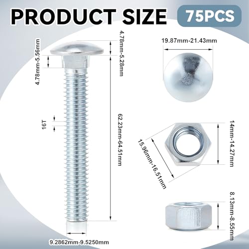 Image of Yaocom 75 Pack 3 /8 x 2 1 /2 inch Long Carriage Bolts with Nuts, Galvanized Steel