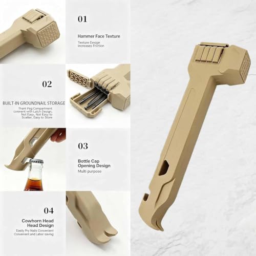 Image of Camping Hammer with 8 Pegs, Heavy-Duty Camping Mallet for Tent Stakes with Peg Puller, Bottle Opener, Storage Handle & Textured Striking Head for Hiking Backpacking (Khaki+Purple)