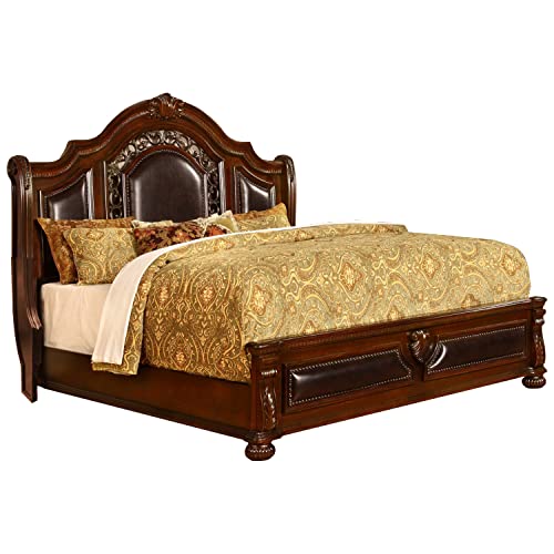 Bessy Traditional Cherry Wood Bed Frame with Faux Leather Headboard...