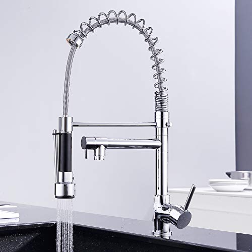 GAVAER Robinet de cuisine, bec pivotant à 360 degrés et à ressort, douche à main extractible, robinet de cuisine à deux becs mélangeur d'évier de cuisine multifonction, laiton massif, chromé