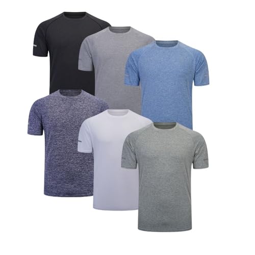 Bsrpolry Paquete de 6 camisetas de manga corta para hombre, camisetas de gimnasio para correr, absorben la humedad, camisetas deportivas activas de manga corta, #117-negro/gris/azul/azul