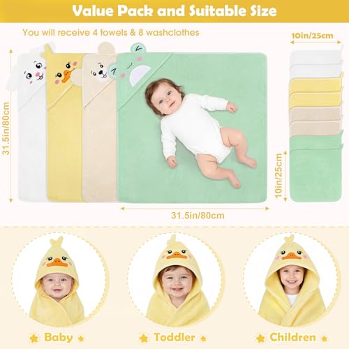 Image of 12 PCS Baby Towels Set, Baby Bath Towels for Toddlers Newborn Essentials | Super Thick Absorbent, Cute Animal Hooded, Soft Cozy, 4 Baby Towels & 8 Washcloths for Boy Girl Gifts (Dog, Duck, Frog, Bear)