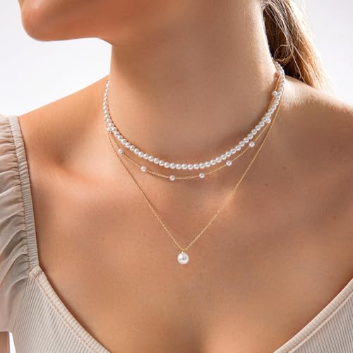 Zeffy Gold Pearl Necklace for Women, Dainty 14K Gold/Silve Plated Layered Pearl Choker Pearl Earrings Pearl Bracelets Wedding Trendy Gold Jewelry Set for Women Gifts2