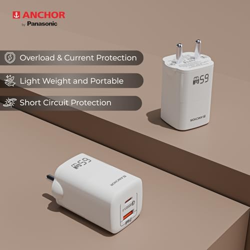 Image of Anchor by Panasonic Type C Dual Port 65W GaN Fast Wall Charger, Compact Travel Adapter with Short Circuit Protection, High Speed Charging for Samsung, iPhone, Headphone, Camera, Laptop