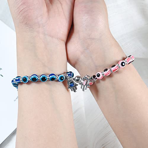 Image of Caiyao 2 Pcs Blue Beads Evil Eyes Bracelet Hamsa Hand of Fatima Bracelet Glass Charm Evil Eye Leather Cord Necklace Protection Jewelry Set