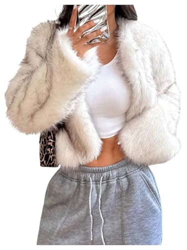 WDIRARA Women's Faux Fur Coat Open Front Long Sleeve Cropped Jacket Fuzzy Outerwear