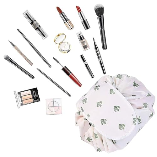 Image of Maharsh Women's Convenient and Waterproof Multifunction Portable Lazy Travel Cosmetic Storage Makeup Organizer Toiletry Bag with Drawstrings (White Cactus)