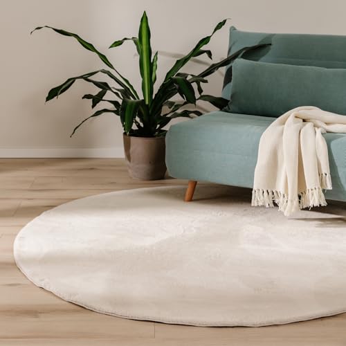 benuta Basic Kunstfaser Fellteppich Furry - Beige Rund 160 cm - Weicher Wohnzimmerteppich - Anti-Rutsch-Rückseite - Waschbar - Für Fußbodenheizung geeignet