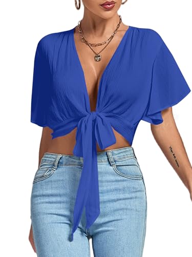 Image of LYANER Women's Sexy Deep V Neck Tie Front Wrap Cropped Blouse Bell Short Sleeve Ruffle Crop Tops