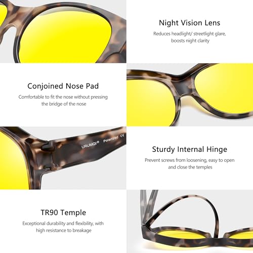 URUMQI Night Vision Driving Glasses Fit Over Eyeglasses for Women Cat Eye, Anti Glare Polarized Nighttime Glasses Yellow Lens3